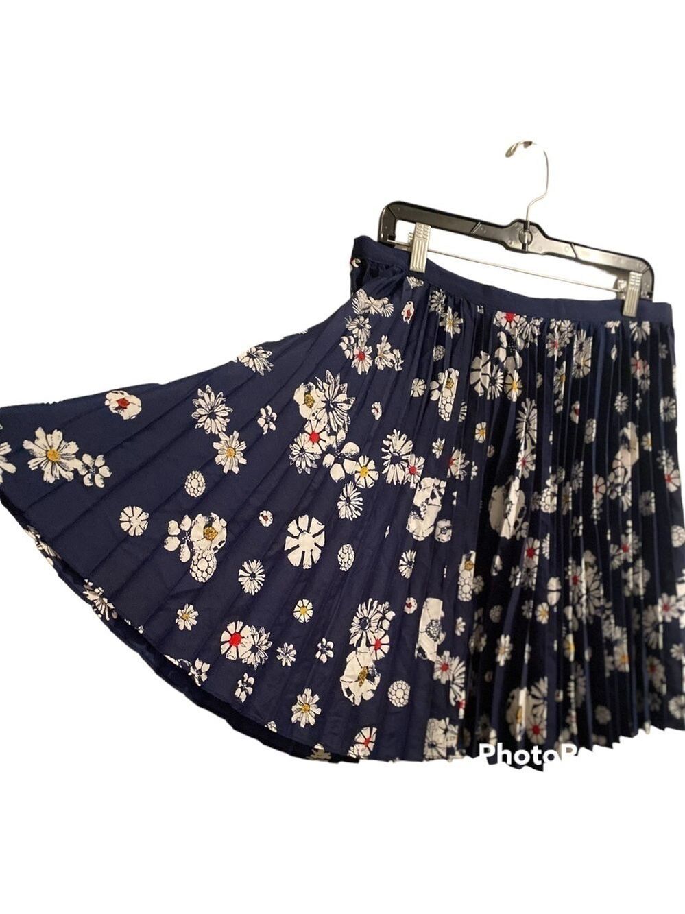 Jason Wu Floral Full Pleated Skirt, Womens 14, Navy Blue & White, NEW with Tags